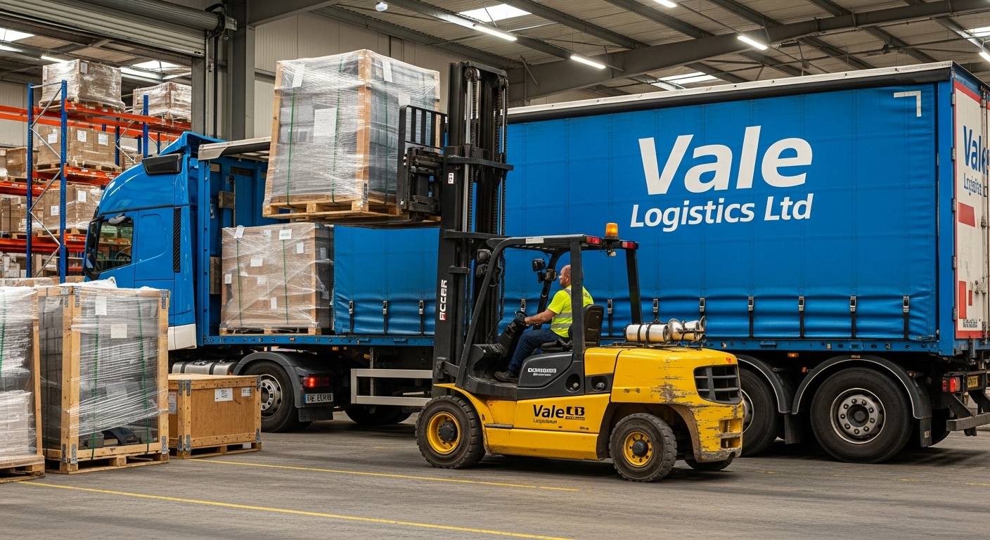 truck being loaded with a fork truck of large items or pallets. (2)